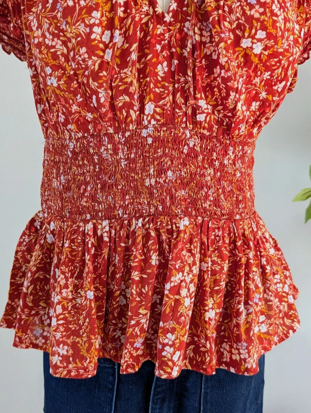 Old Navy Orange Floral Smocked Peplum Blouse - S